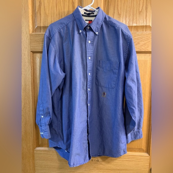 Vintage Tommy Hilfiger Blue Crest Button Down Dress Shirt Men’s Size 16 32-33 - Picture 1 of 5